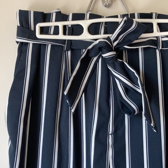 Navy and White Striped Paper Bag Pants - Picture 2 of 4